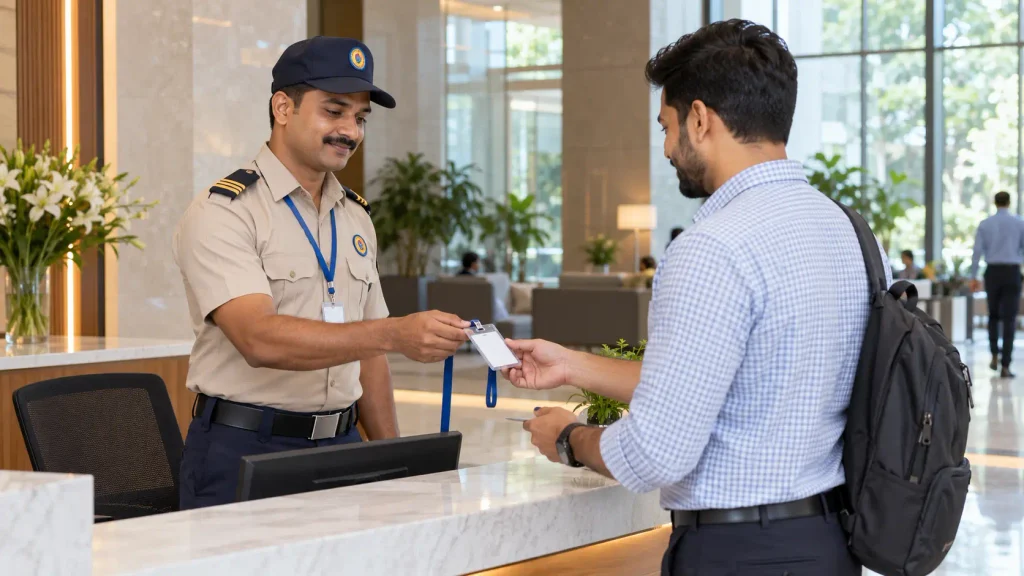 security guard checking visitor access at an office lobby